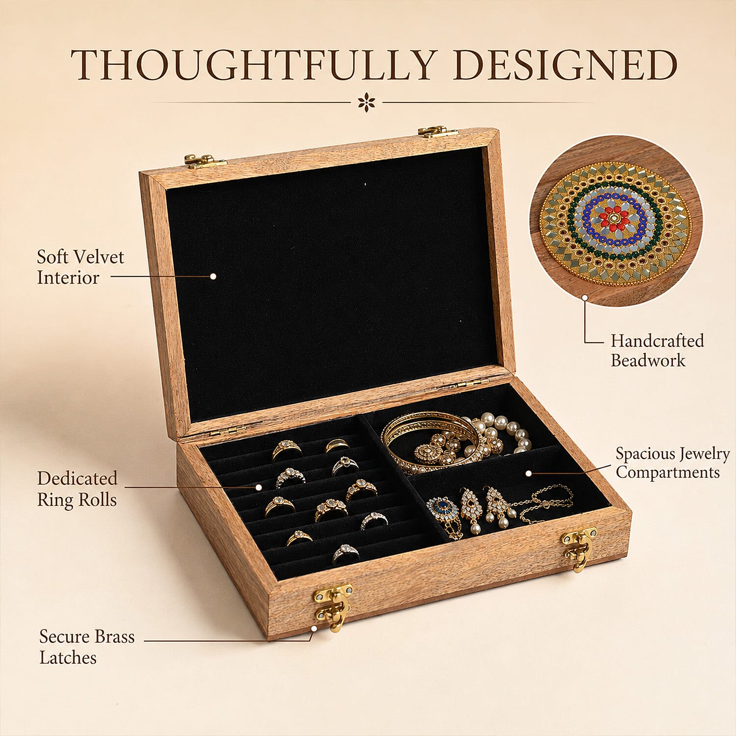 Livmore Multi Handcrafted Teak Wooden Wid Round Beads Jewelry Box
