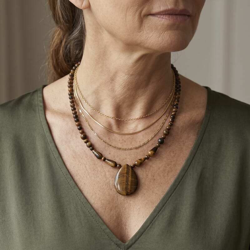 Yellow Tigers Eye 230.00 ctw Necklace in Stainless Steel (18-20 Inches)