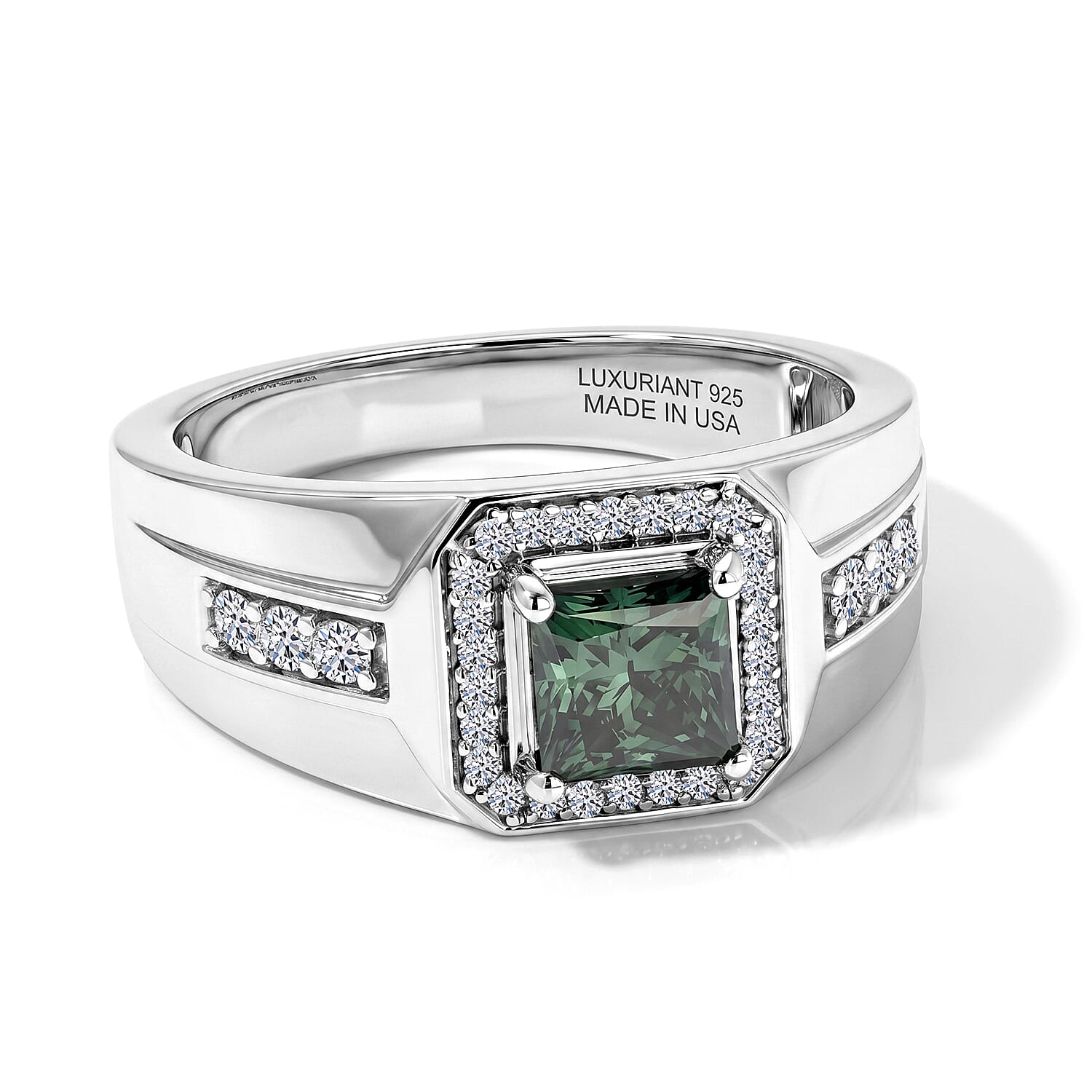 Luxuriant Lab Grown Green and White Diamond (SI) Men's Ring in Rhodium Over Sterling Silver (Size 10.0) 1.35 ctw