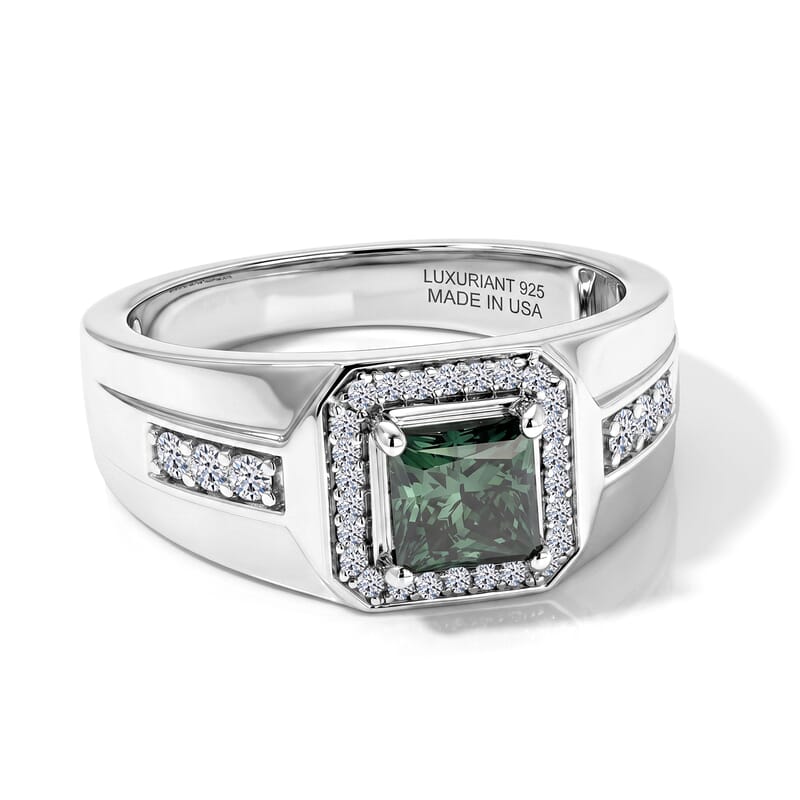 Luxuriant Lab Grown Green and White Diamond (SI) 1.35 ctw Men's Ring in Rhodium Over Sterling Silver (Size 11.0)