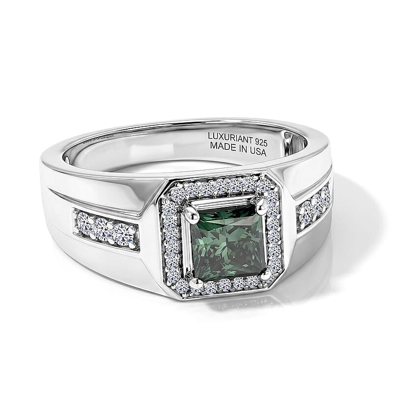Luxuriant Lab Grown Green and White Diamond (SI) 1.35 ctw Men's Ring in Rhodium Over Sterling Silver (Size 11.0)