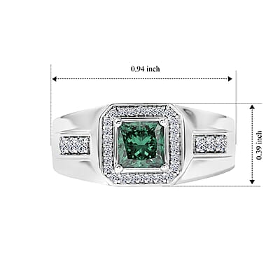 Luxuriant Lab Grown Green and White Diamond (SI) 1.35 ctw Men's Ring in Rhodium Over Sterling Silver (Size 11.0)