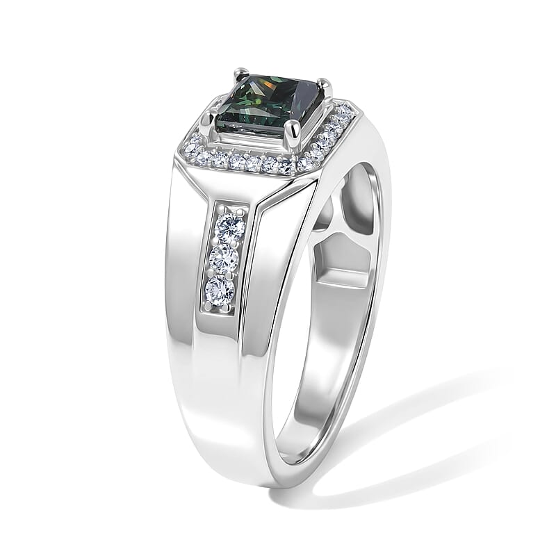 Luxuriant Lab Grown Green and White Diamond (SI) 1.35 ctw Men's Ring in Rhodium Over Sterling Silver (Size 12.0)