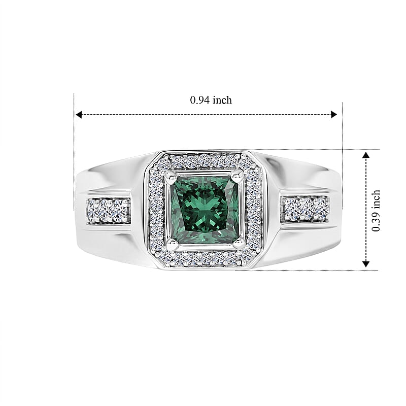 Luxuriant Lab Grown Green and White Diamond (SI) 1.35 ctw Men's Ring in Rhodium Over Sterling Silver (Size 12.0)