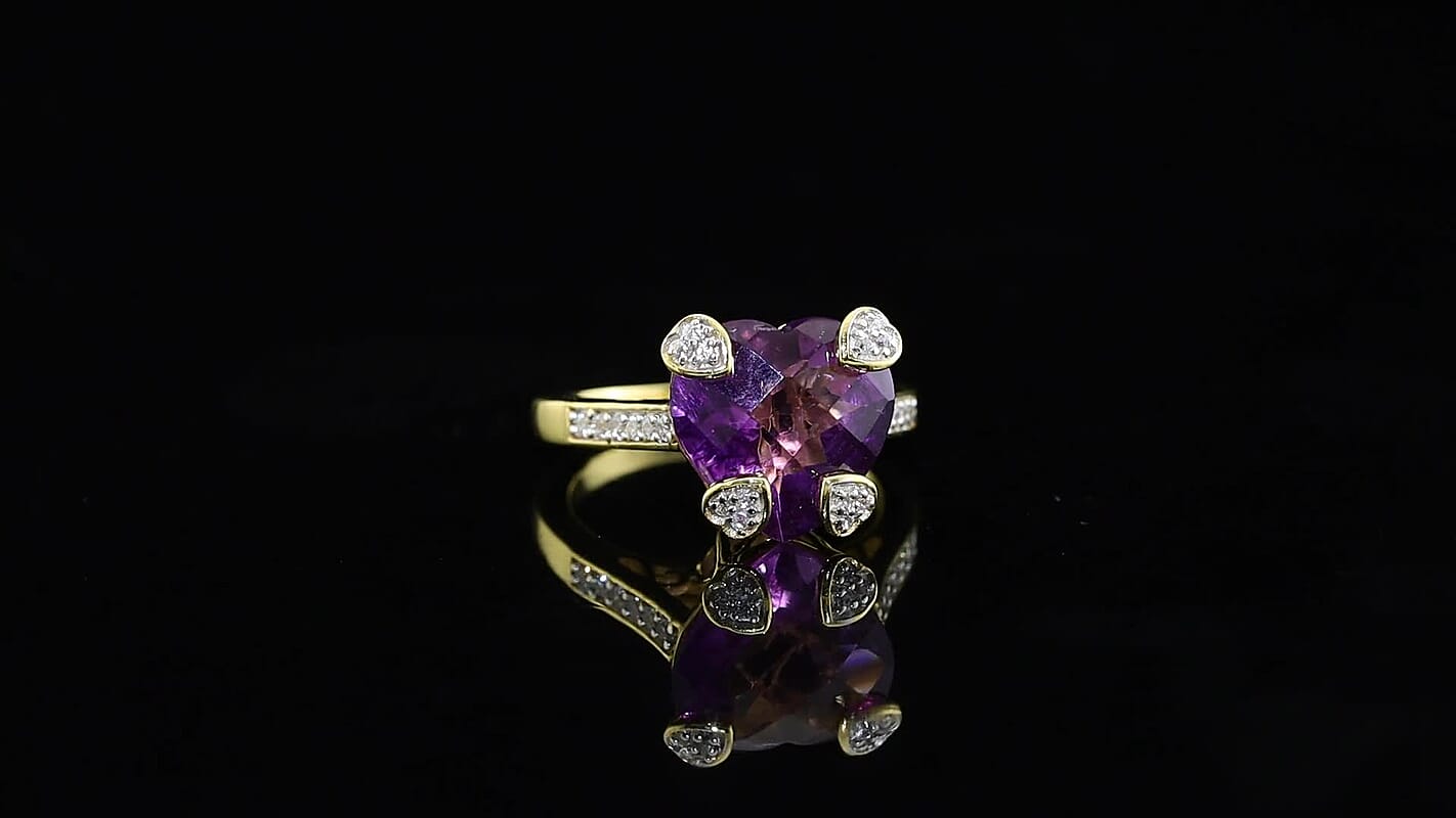 D'Joy African Amethyst, White Zircon Heart Ring in 18K Vermeil YG Over Sterling Silver (Size 6.0) 4.85 ctw