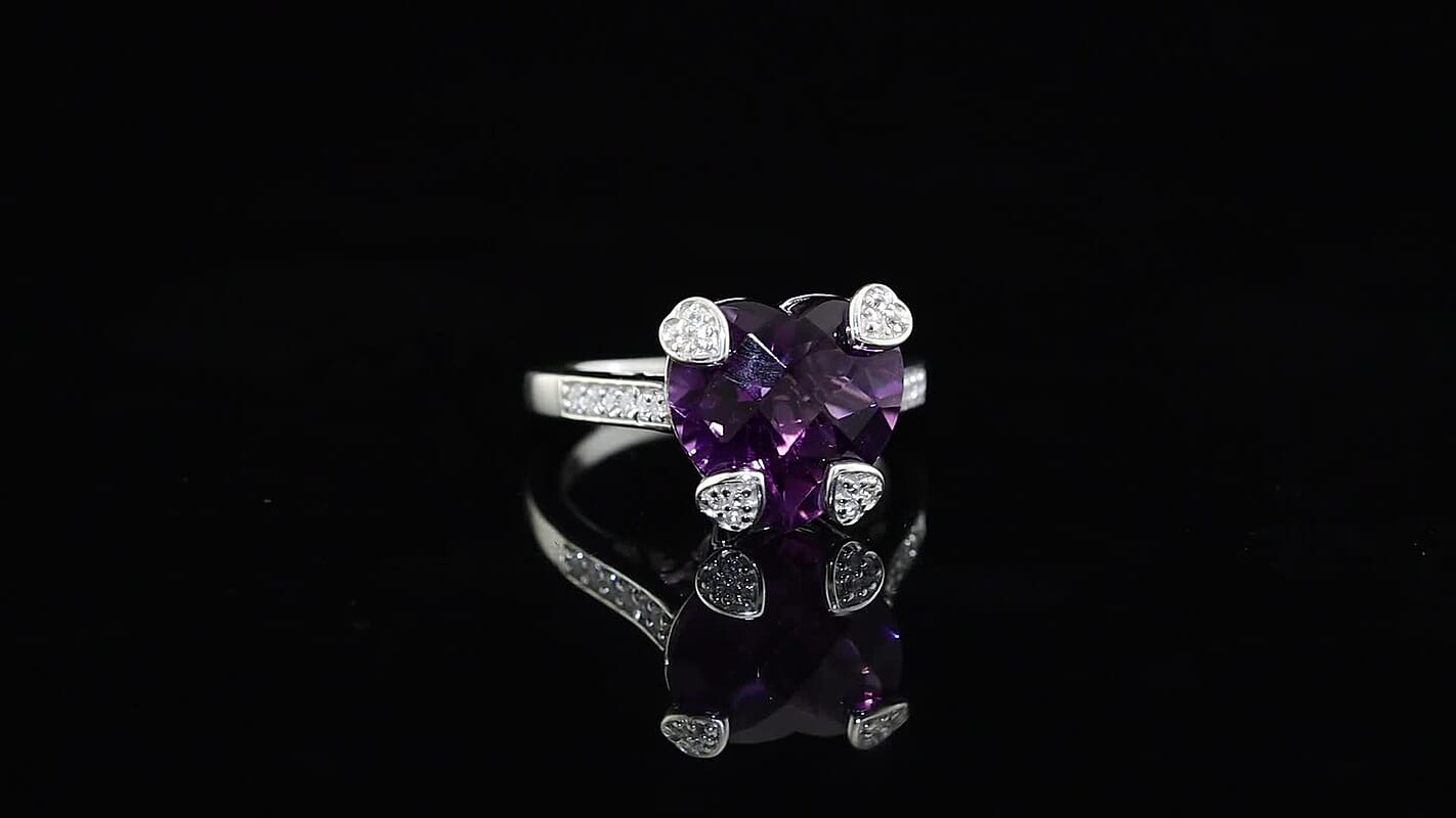 D'Joy African Amethyst, White Zircon Heart Ring in Rhodium Over Sterling Silver (Size 6.0) 4.85 ctw