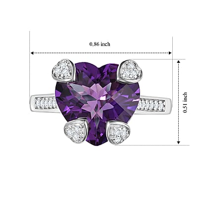 D'Joy African Amethyst and White Zircon 4.85 ctw Heart Ring in Rhodium Over Sterling Silver (Size 6.0)