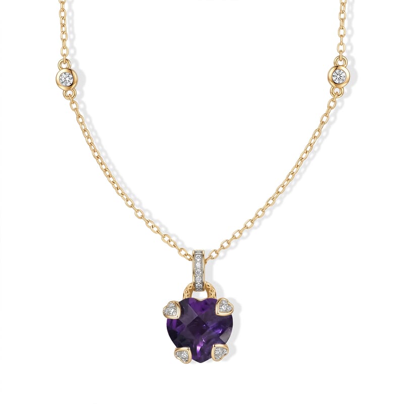 D'Joy African Amethyst and White Zircon 5.60 ctw Heart Necklace (18 Inches) in 18K Vermeil Yellow Gold Over Sterling Silver