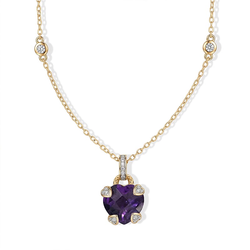 D'Joy African Amethyst and White Zircon 5.60 ctw Heart Necklace (18 Inches) in 18K Vermeil Yellow Gold Over Sterling Silver