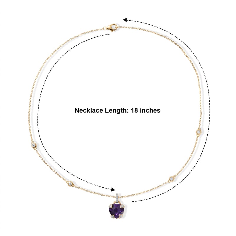 D'Joy African Amethyst and White Zircon 5.60 ctw Heart Necklace (18 Inches) in 18K Vermeil Yellow Gold Over Sterling Silver