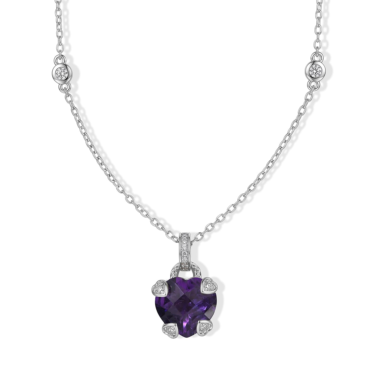 D'Joy African Amethyst and White Zircon 5.60 ctw Heart Necklace (18 Inches) in Rhodium Over Sterling Silver