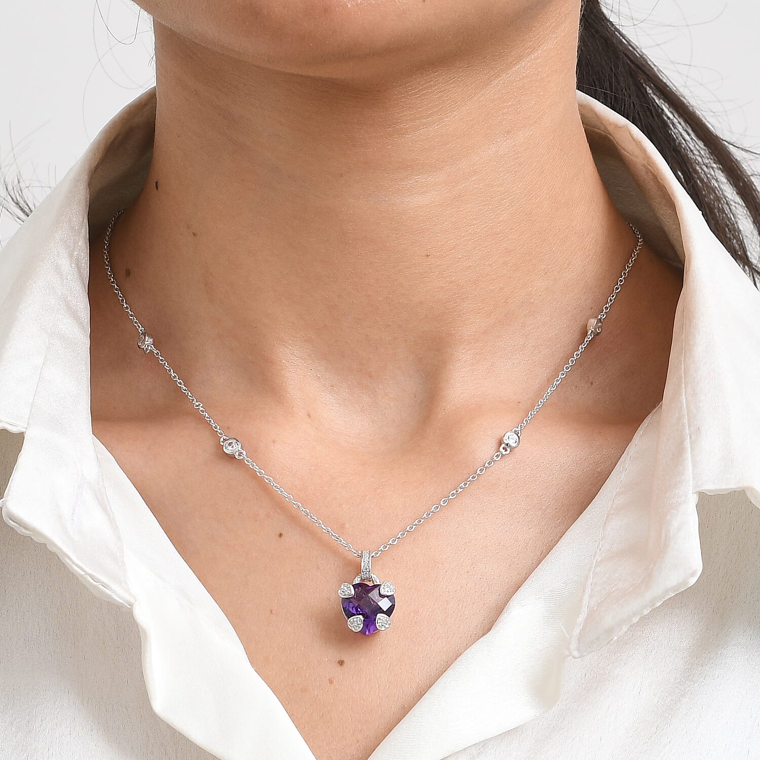 D'Joy African Amethyst and White Zircon 5.60 ctw Heart Necklace (18 Inches) in Rhodium Over Sterling Silver