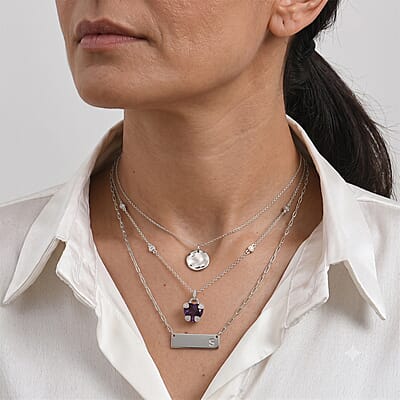 D'Joy African Amethyst and White Zircon 5.60 ctw Heart Necklace (18 Inches) in Rhodium Over Sterling Silver