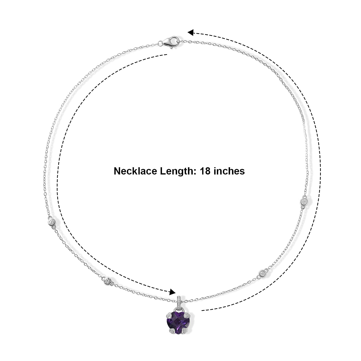 D'Joy African Amethyst and White Zircon 5.60 ctw Heart Necklace (18 Inches) in Rhodium Over Sterling Silver