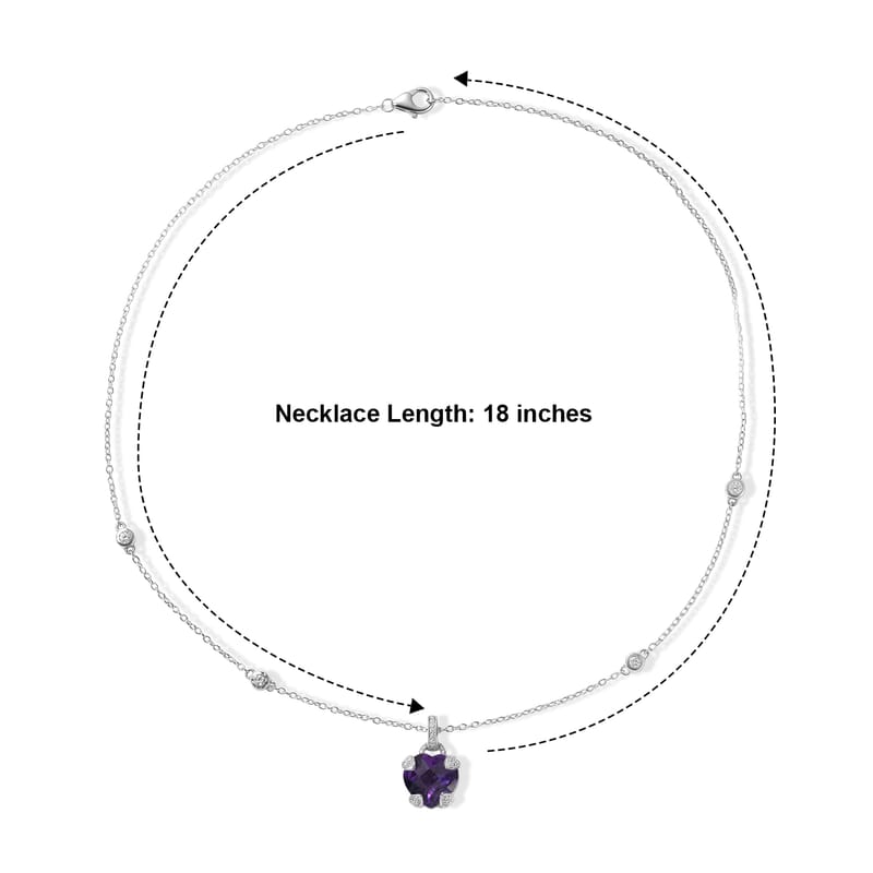 D'Joy African Amethyst and White Zircon 5.60 ctw Heart Necklace (18 Inches) in Rhodium Over Sterling Silver