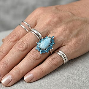 D'Joy Larimar and Neon Apatite 5.85 ctw Ring in Rhodium Over Sterling Silver (Size 6.0)