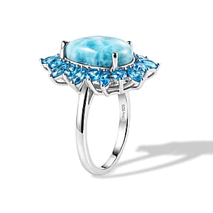 D'Joy Larimar and Neon Apatite 5.85 ctw Ring in Rhodium Over Sterling Silver (Size 6.0)