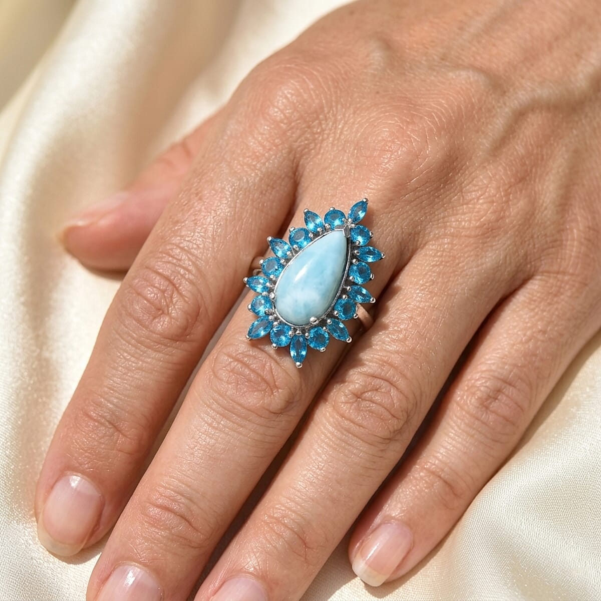 D'Joy Larimar and Neon Apatite 5.85 ctw Ring in Rhodium Over Sterling Silver (Size 8.0) image number 1
