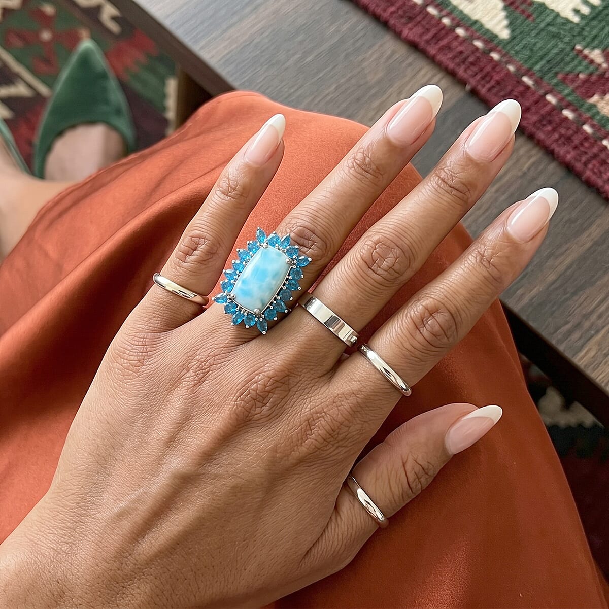 D'Joy Larimar and Neon Apatite 6.65 ctw Ring in Rhodium Over Sterling Silver (Size 10.0) image number 2
