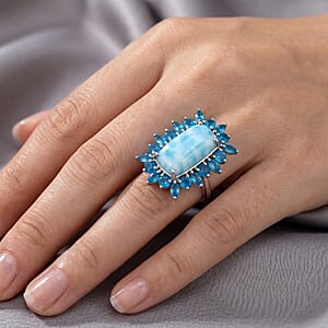 D'Joy Larimar and Neon Apatite 6.65 ctw Ring in Rhodium Over Sterling Silver (Size 6.0)