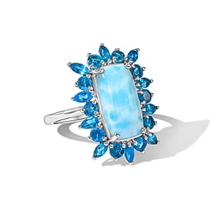 D'Joy Larimar and Neon Apatite 6.65 ctw Ring in Rhodium Over Sterling Silver (Size 9.0)