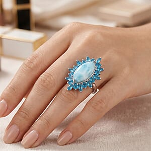 D'Joy Larimar and Neon Apatite 7.20 ctw Ring in Rhodium Over Sterling Silver (Size 10.0)
