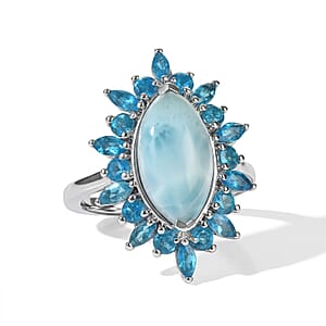 D'Joy Larimar and Neon Apatite 7.20 ctw Ring in Rhodium Over Sterling Silver (Size 8.0)