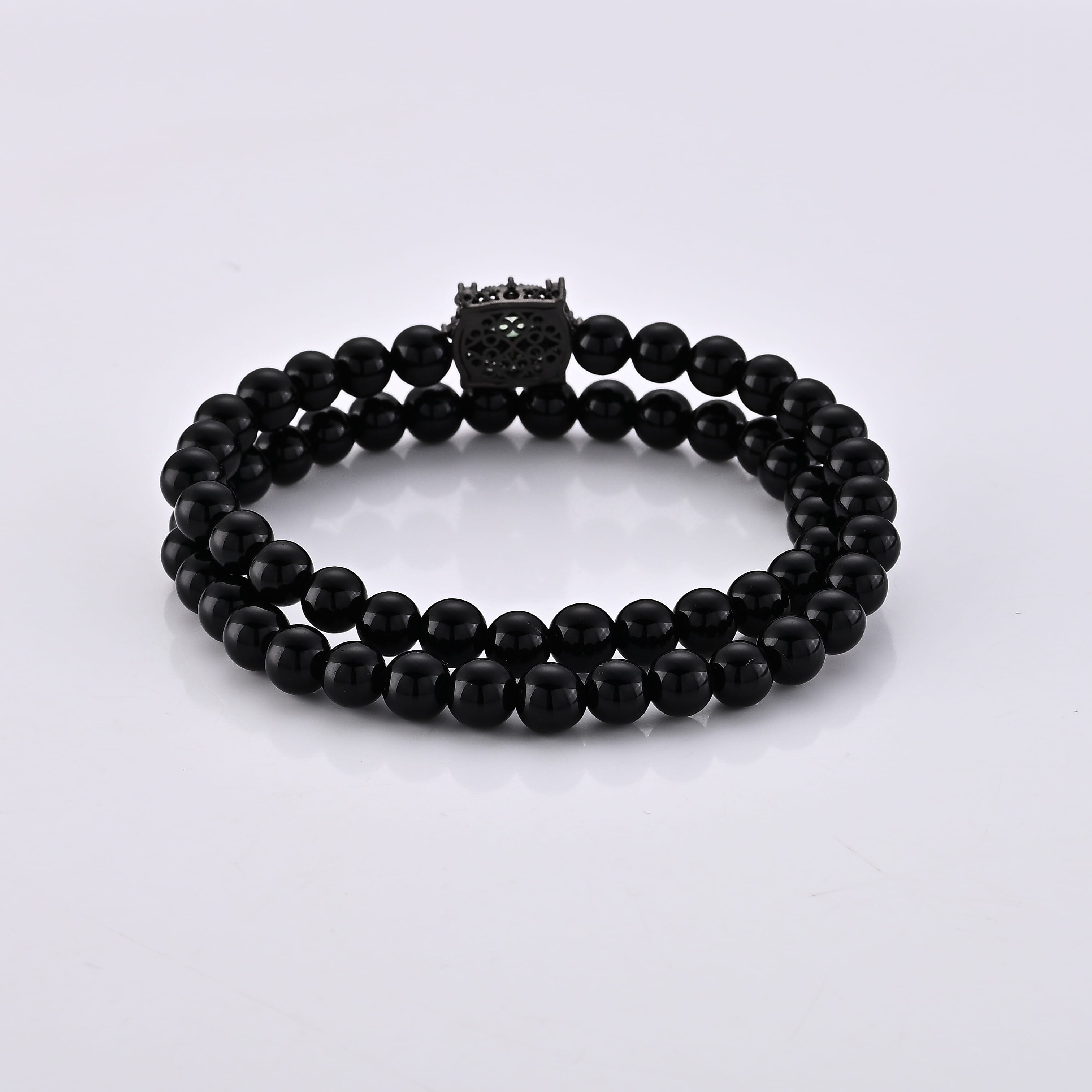 Black Agate 84.00 ctw, Green and White Austrian Crystal Bracelet in Silvertone (6.25-7.75In)
