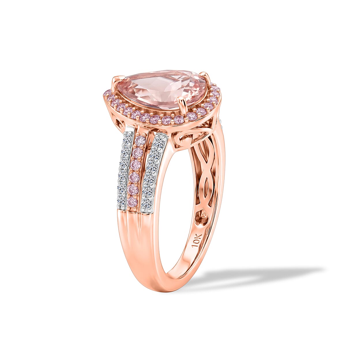10K Rose Gold Premium Pink Morganite and Luxuriant Lab Grown Pink and White Diamond (VS) (0.40 cts) Blush Sparkle Pear 2.10 ctw Ring (Size 7.0) (4.07) image number 3