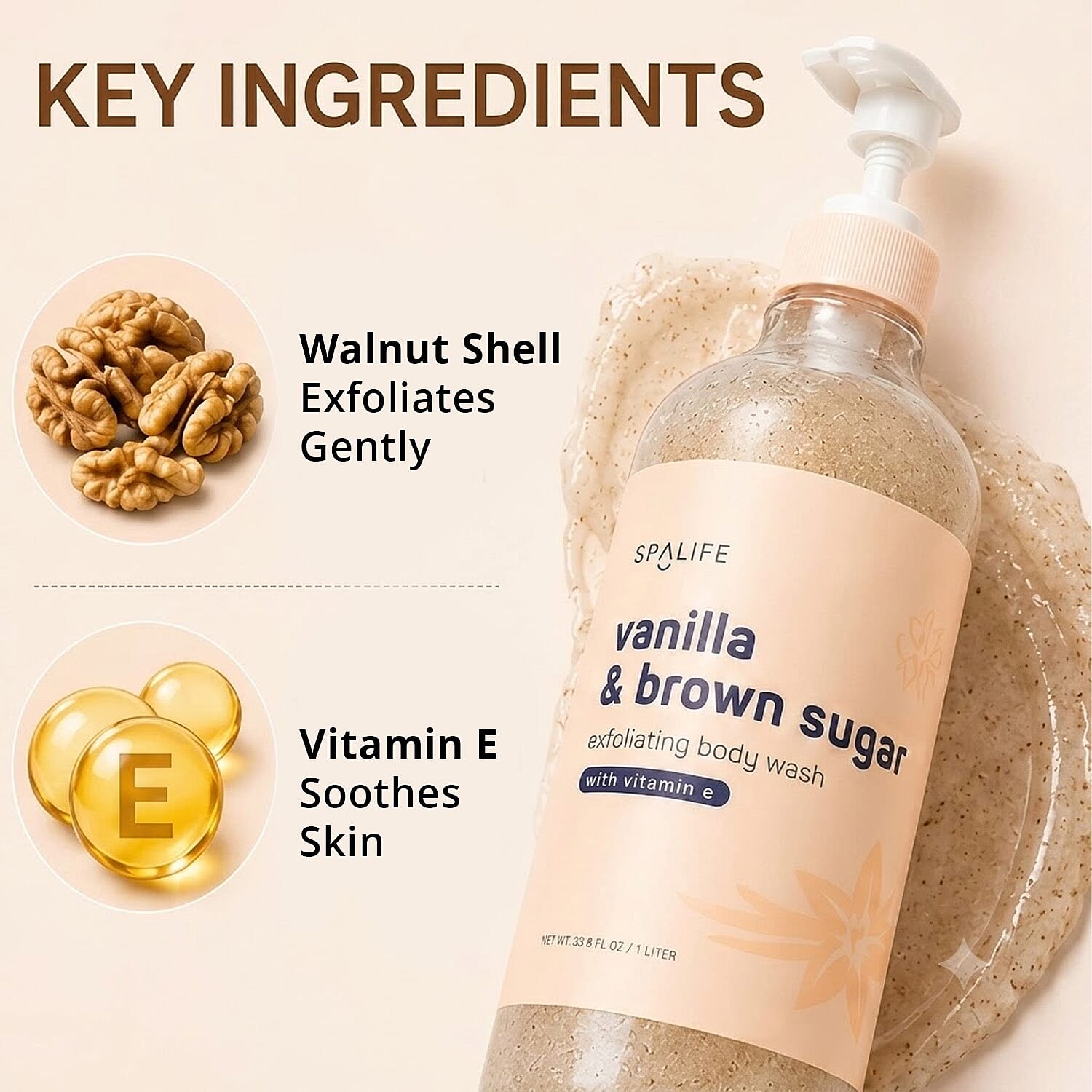 SpaLife Beauty Vanilla & Brown Sugar Exfoliating Body Wash with Vitamin E