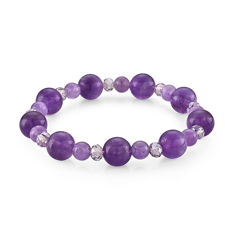 African Amethyst 85.00 ctw Beaded Stretch Bracelet in Silvertone (6-6.5In)