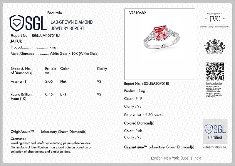 SGL Certified Luxuriant Asscher Cut Lab Grown Pink Diamond and Lab Grown Diamond VS 2.50 ctw Ring in 10K White Gold (Size 8.0)