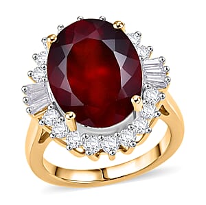 D'Joy AAA Ceylon Honey Garnet and Moissanite 11.60 ctw Sunfire Halo Ring in 18K Vermeil Yellow Gold Over Sterling Silver (Size 10.0)