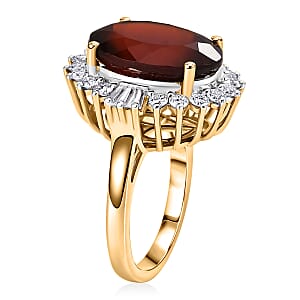 D'Joy AAA Ceylon Honey Garnet and Moissanite 11.60 ctw Sunfire Halo Ring in 18K Vermeil Yellow Gold Over Sterling Silver (Size 10.0)