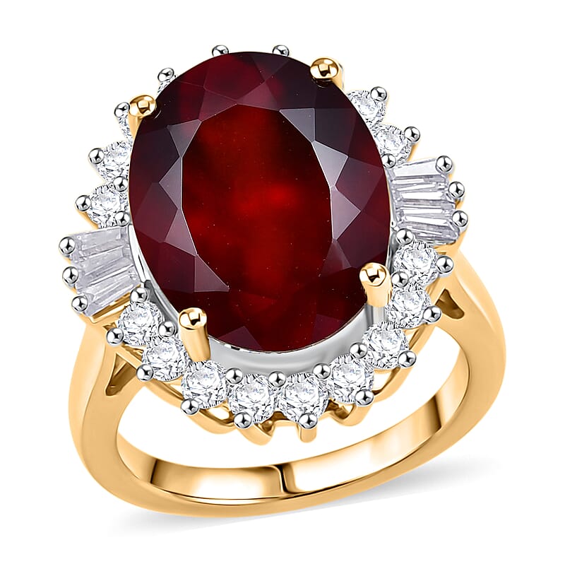 D'Joy AAA Ceylon Honey Garnet and Moissanite 11.60 ctw Sunfire Halo Ring in 18K Vermeil Yellow Gold Over Sterling Silver (Size 6.0)