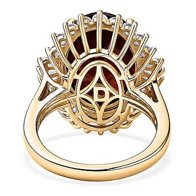 D'Joy AAA Ceylon Honey Garnet and Moissanite 11.60 ctw Sunfire Halo Ring in 18K Vermeil Yellow Gold Over Sterling Silver (Size 6.0)