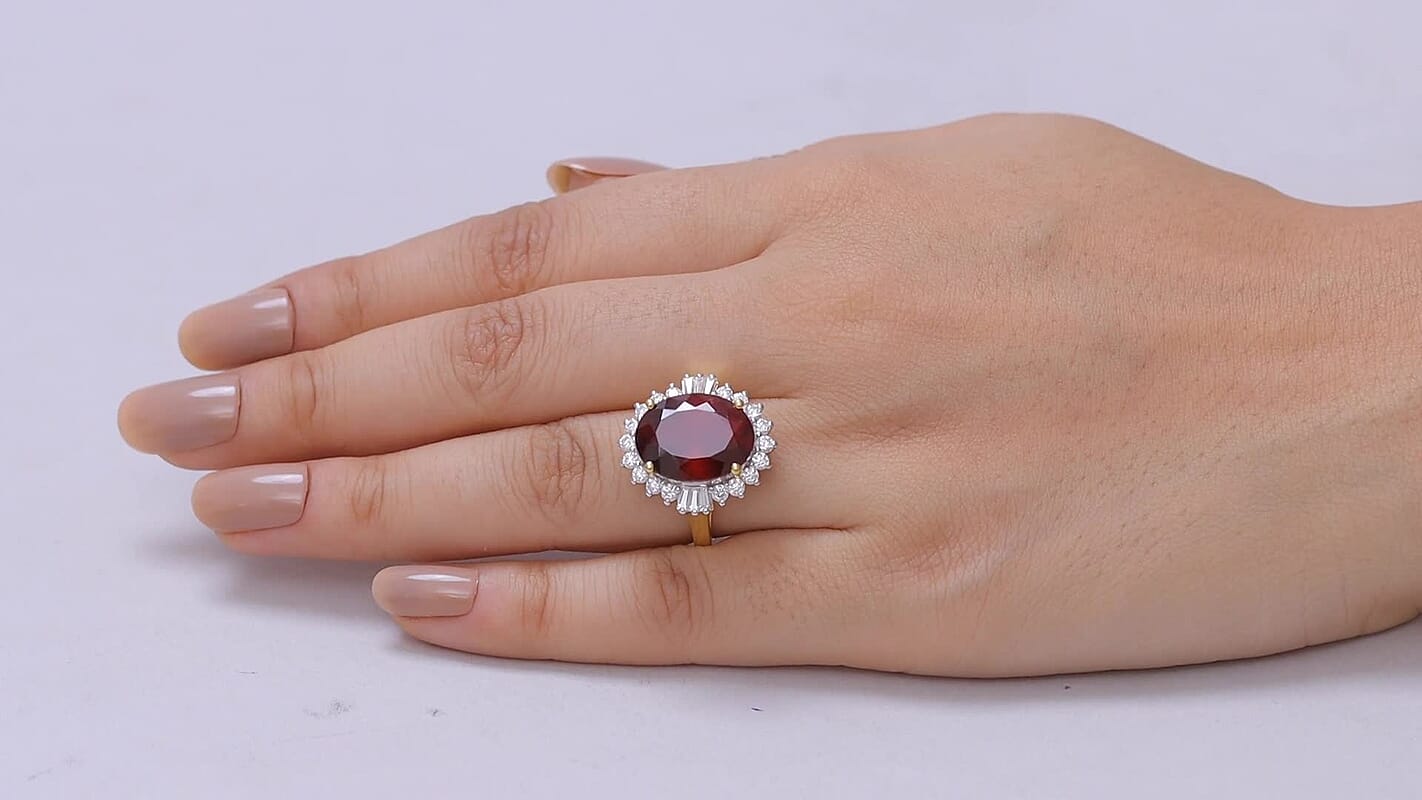 D'Joy AAA Honey Garnet, Moissanite Sunfire Halo Ring in 18K Vermeil YG Over Sterling Silver (Size 10.0) 11.60 ctw