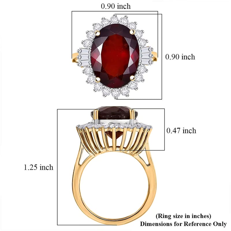 D'Joy AAA Ceylon Honey Garnet and Moissanite 11.60 ctw Sunfire Halo Ring in 18K Vermeil Yellow Gold Over Sterling Silver (Size 7.0)