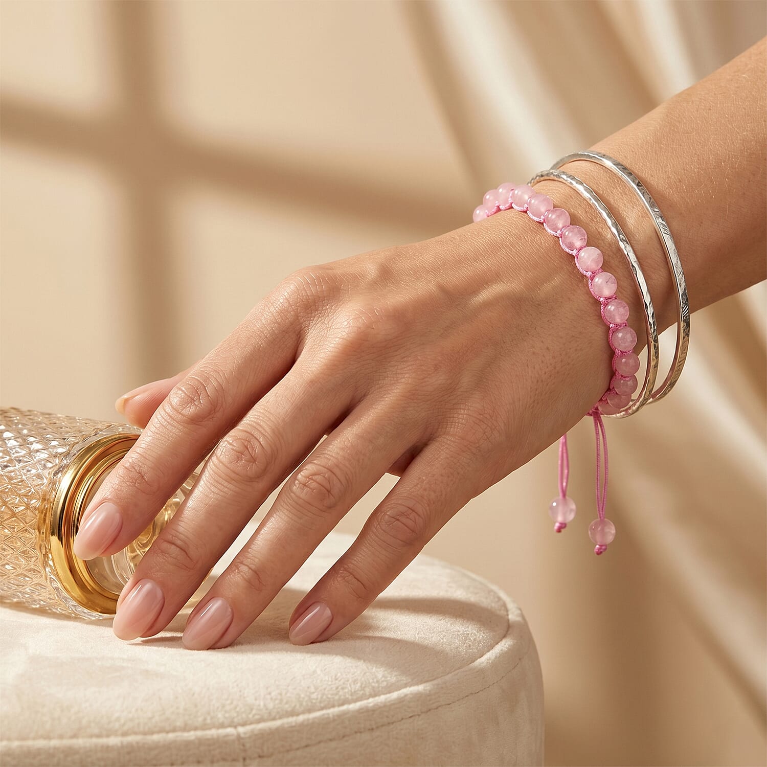 Galilea Rose Quartz Beaded Cord Bracelet (6-8In) 40.00 ctw