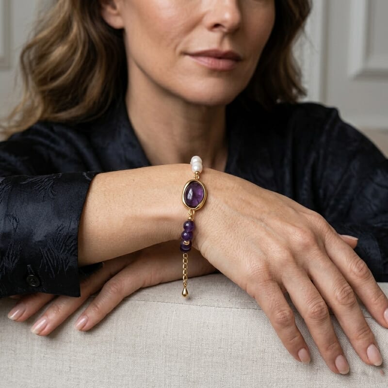 Freshwater Pearl, African Amethyst 20.00 ctw Bracelet in Goldtone (6.5-7In)