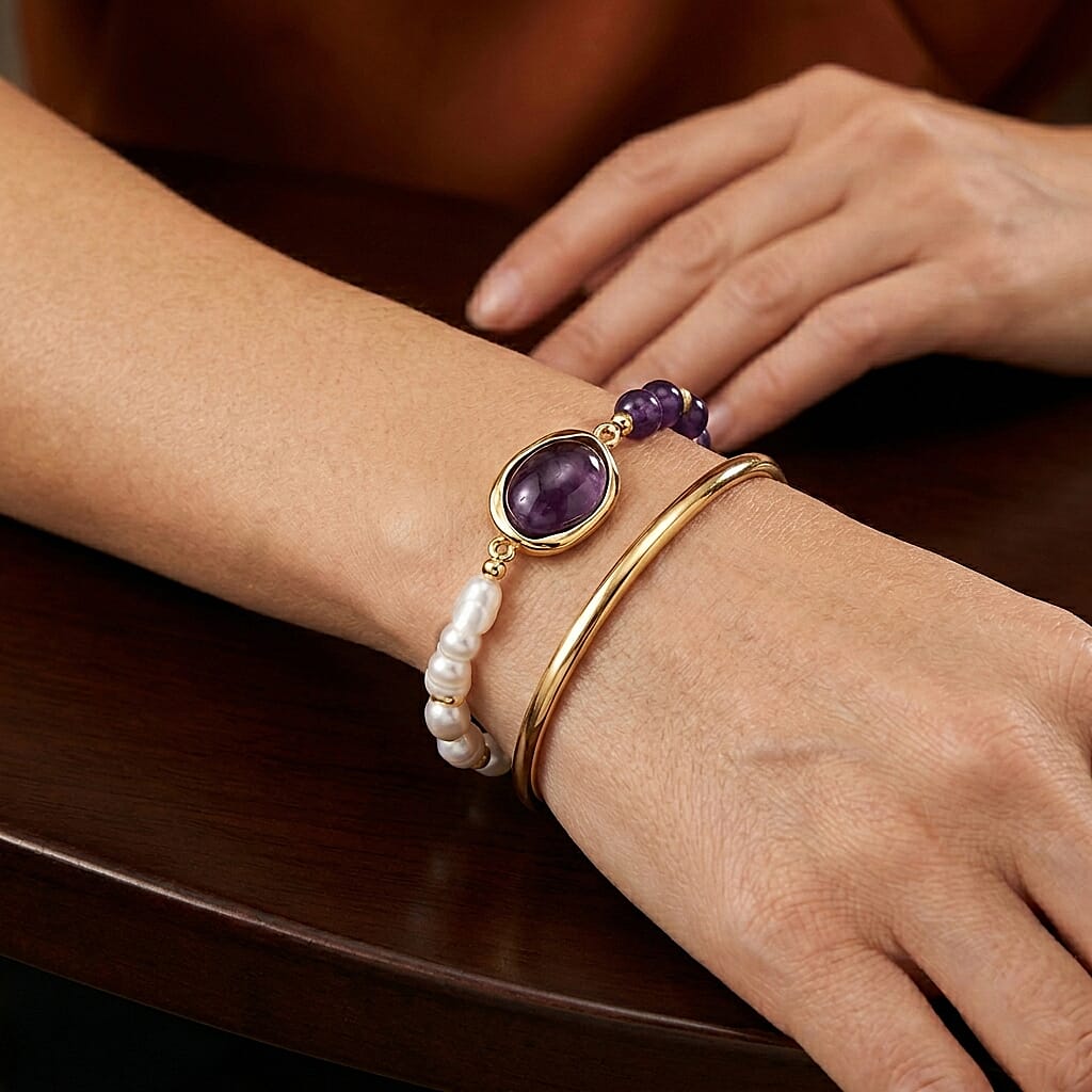 Freshwater Pearl, African Amethyst 20.00 ctw Bracelet in Goldtone (6.5-7In)