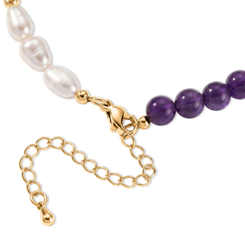 Freshwater Pearl, African Amethyst 20.00 ctw Bracelet in Goldtone (6.5-7In)
