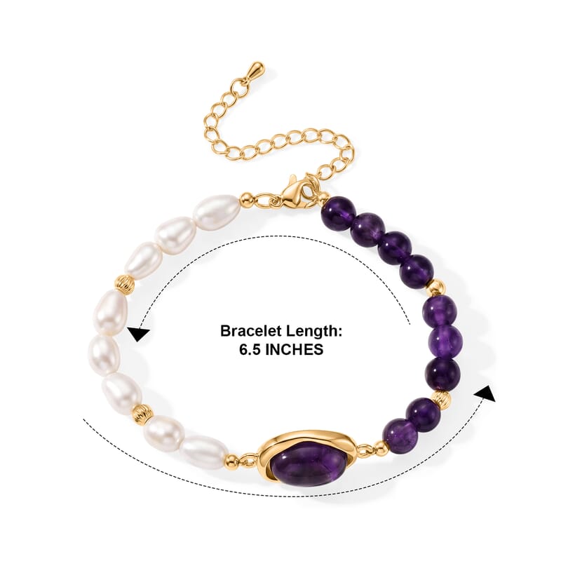 Freshwater Pearl, African Amethyst 20.00 ctw Bracelet in Goldtone (6.5-7In)