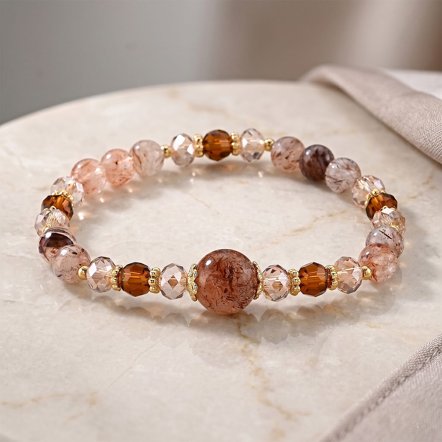 Multi Rutilated Quartz 40.00 ctw Beaded Bracelet in Goldtone (6-6.5In)