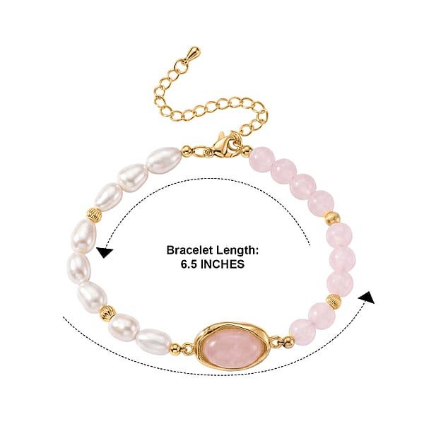 Freshwater Pearl, Rose Quartz 20.00 ctw Bracelet in Goldtone (6.5-7In)