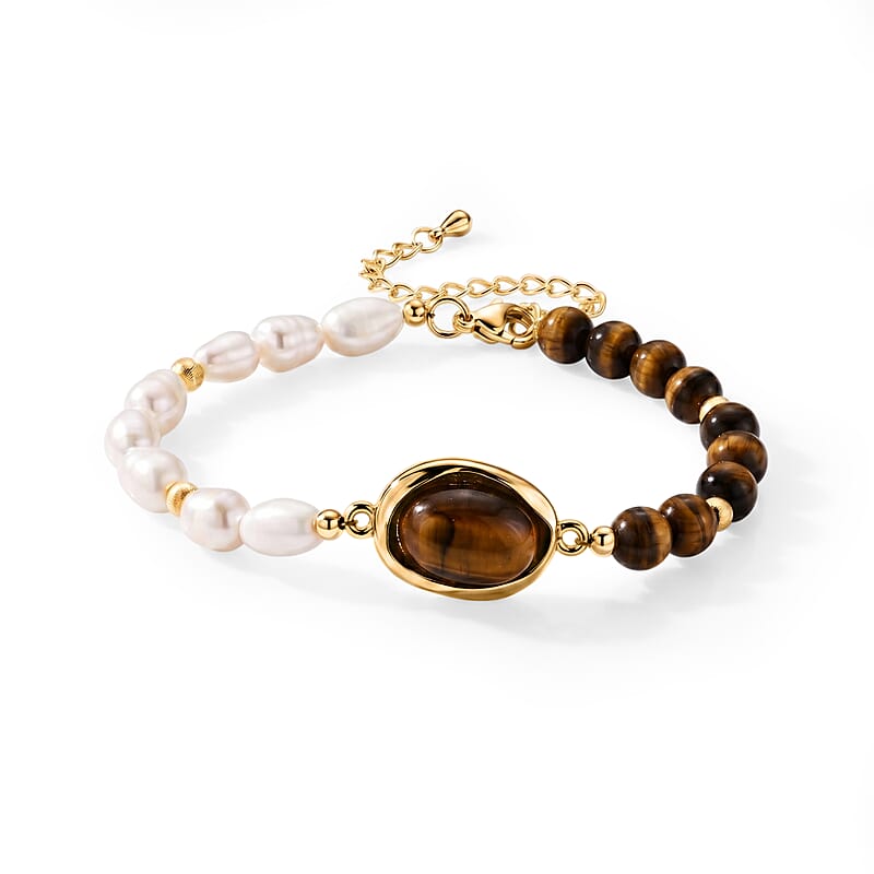 Freshwater Pearl, Yellow Tigers Eye 20.00 ctw Bracelet in Goldtone (6.5-7In)