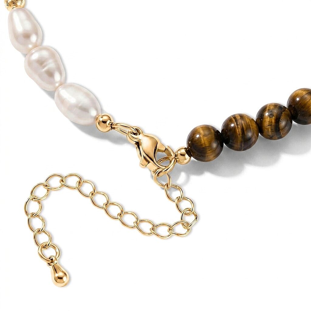 Freshwater Pearl, Yellow Tigers Eye 20.00 ctw Bracelet in Goldtone (6.5-7In)