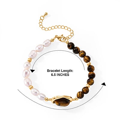 Freshwater Pearl, Yellow Tigers Eye 20.00 ctw Bracelet in Goldtone (6.5-7In)