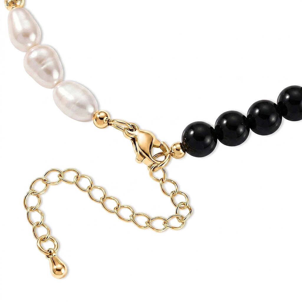 Freshwater Pearl, Black Obsidian 20.00 ctw Bracelet in Goldtone (6.5-7In)