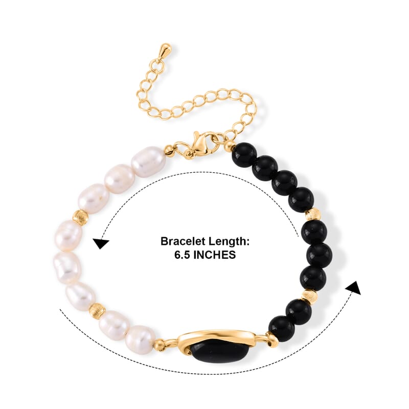Freshwater Pearl, Black Obsidian 20.00 ctw Bracelet in Goldtone (6.5-7In)